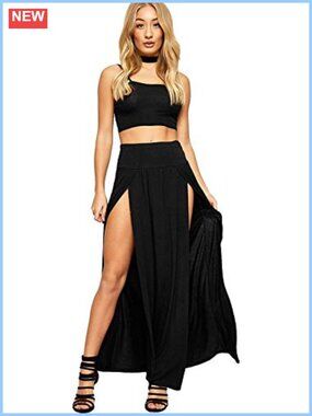 Double Split Maxi Long Skirt High Waist Side Slit Stretch Jersey